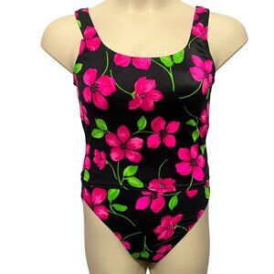 VTG 90s Catalina Sz M Black Pink Floral Hawaiian Tankini Swimsuit High Waist
